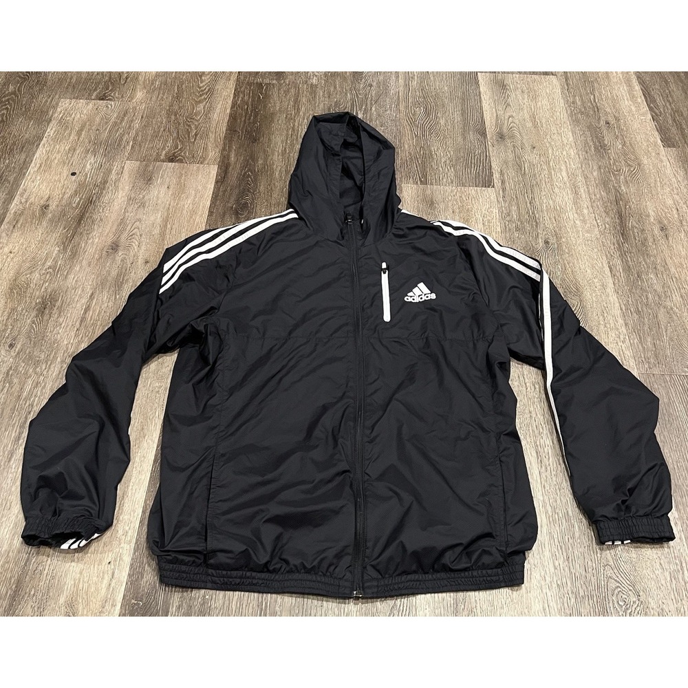 Adidas Windbreaker Hooded Jacket Women's Size Large Black Full Zip Up Stripes